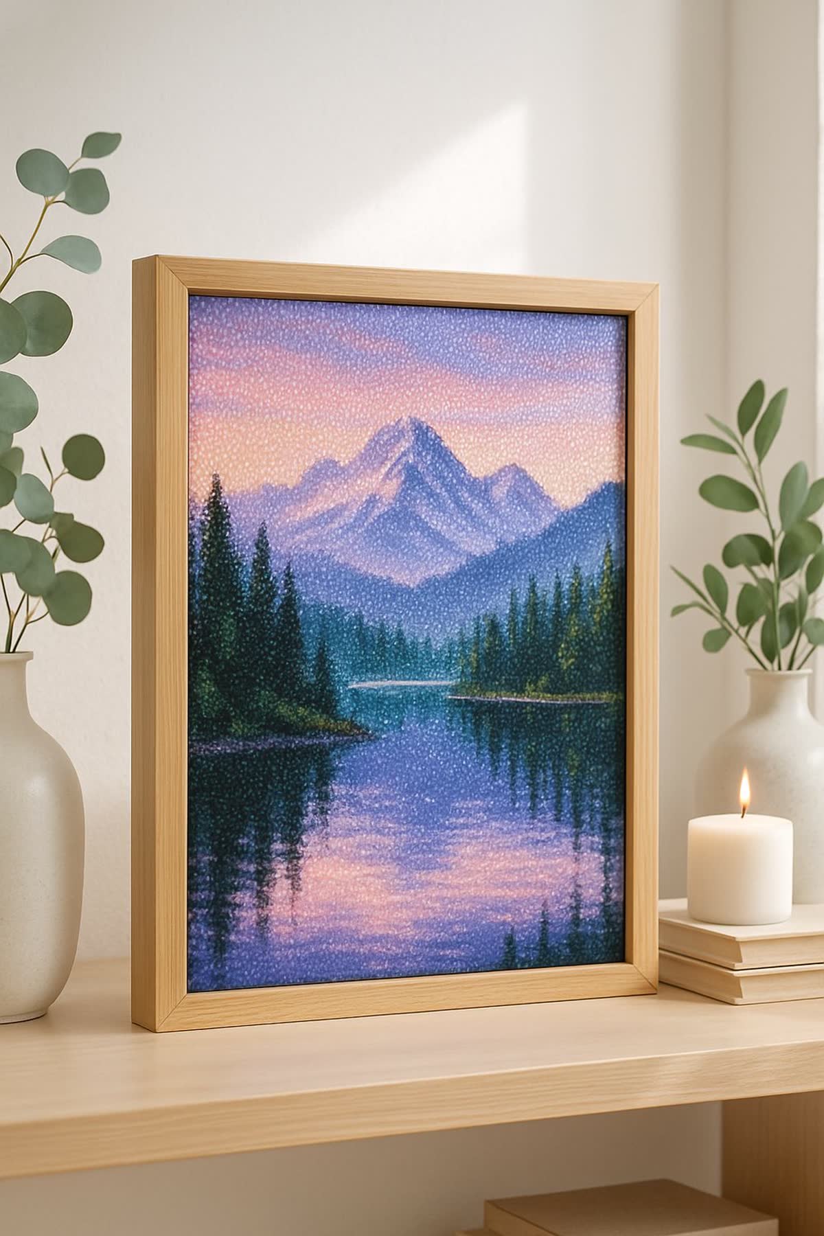 A framed finished piece beside a lit candle on a wooden shelf