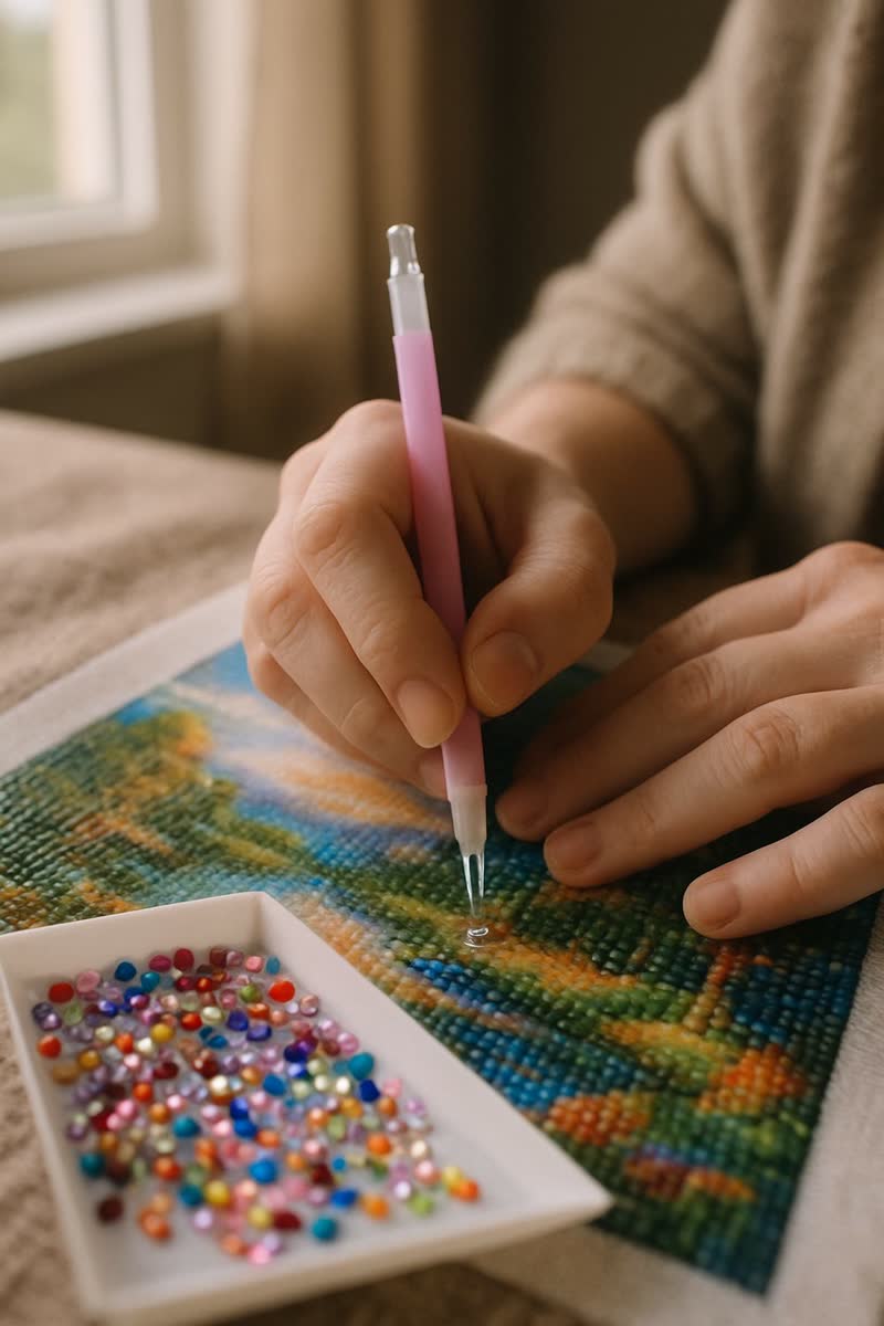Hands placing colourful diamond painting drills with a stylus