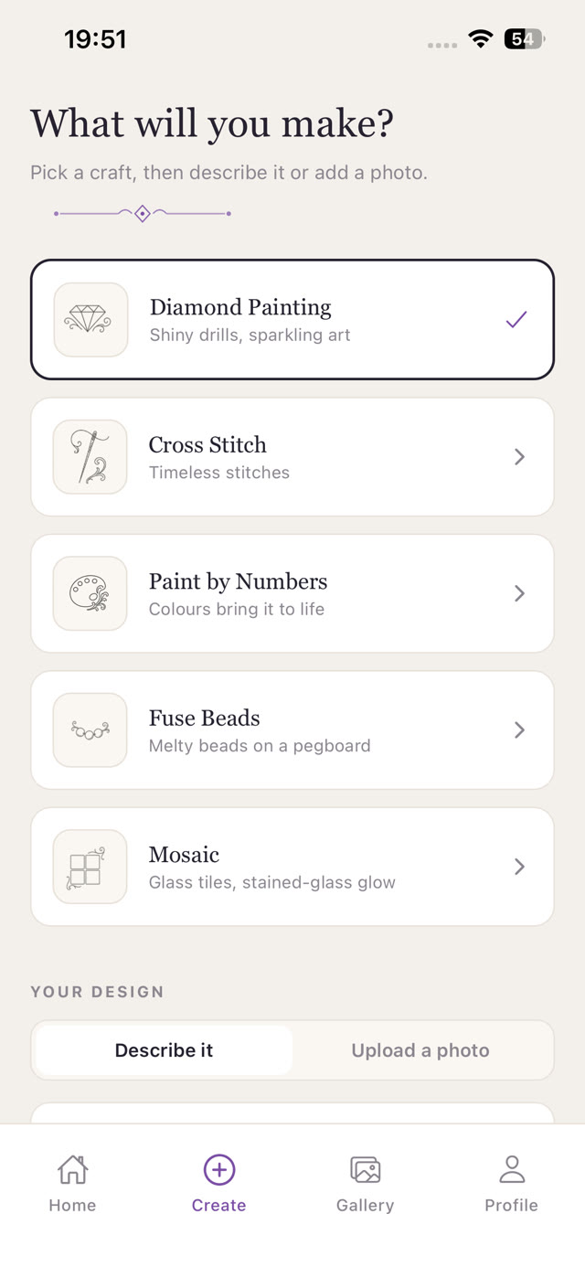 Tessa's create screen asking what you will make, with the five crafts listed