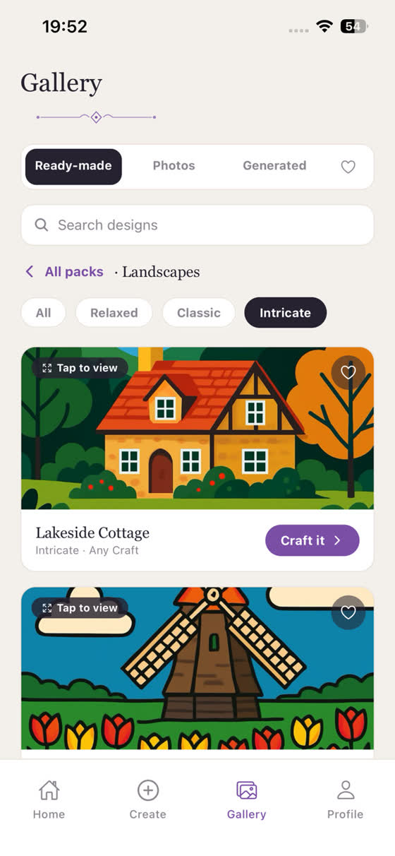 Tessa's gallery of ready-made designs with a lakeside cottage and a Craft it button